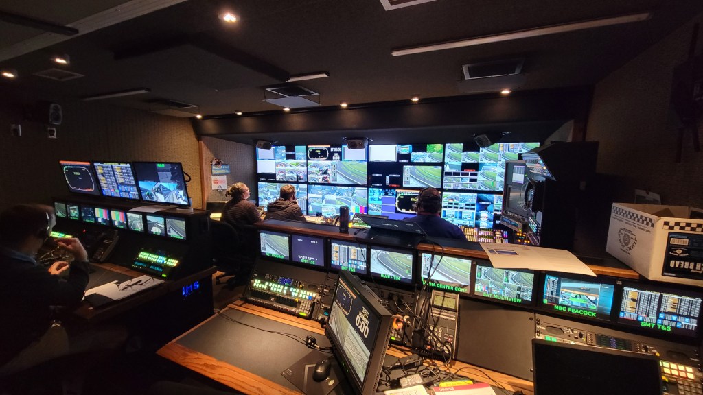 The main control room in Truck HD5, fed from a variety of stationary, PTZ, drone, and action cameras. The adjacent audio control room provides a 5.1 mix from multiple submixes and independent sources
